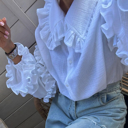 Women Clothing Early Spring Court Lantern Sleeve Women Shirt Casual Doll Collar Cotton White Shirt