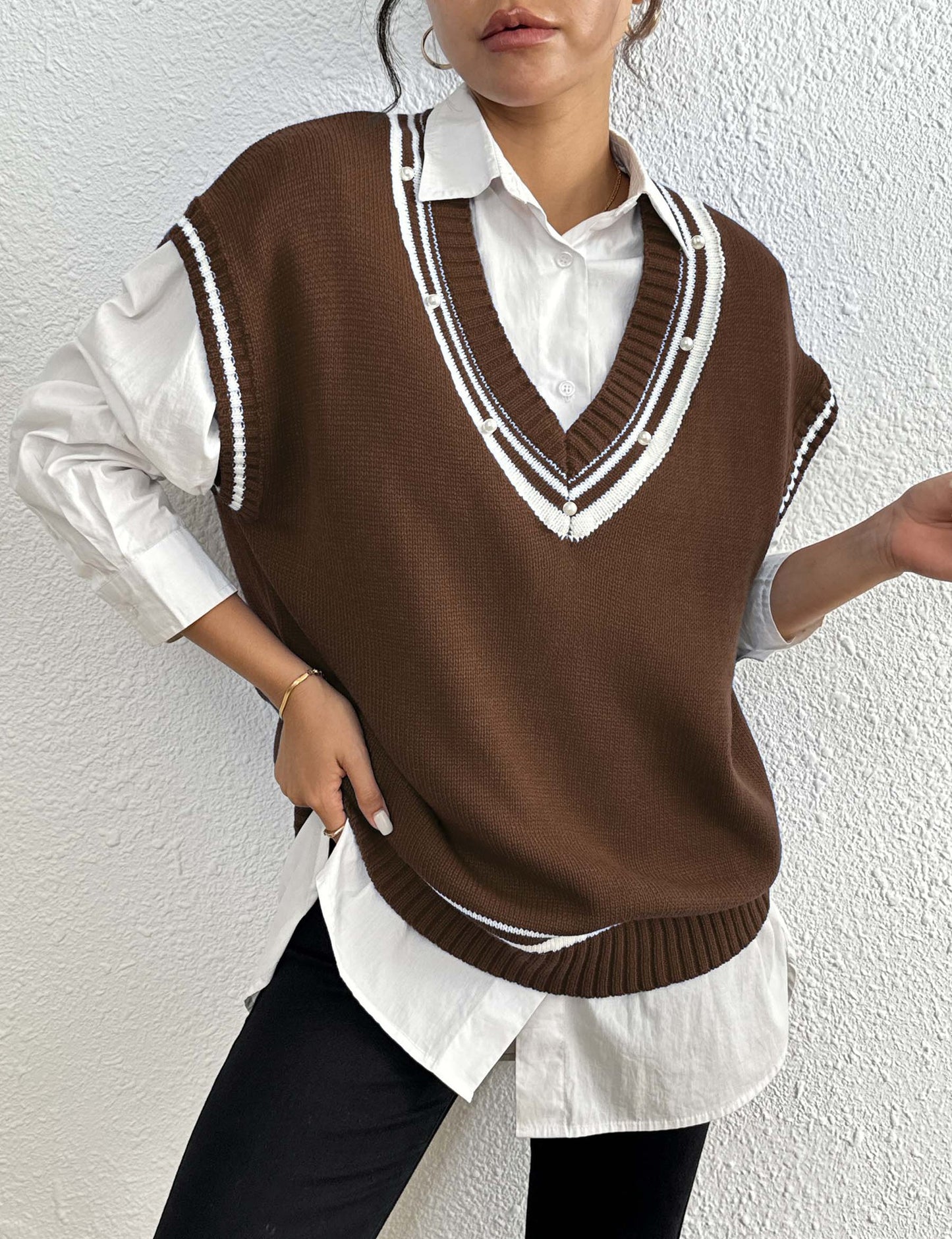 College Contrast Color Stripe Stitching Deep V Plunge Neck Vest Women Clothing Color Matching Beaded Vest Sweater Vest