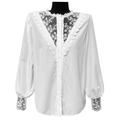 Autumn Winter Lace Shirt Lantern Sleeve Single Breasted Top