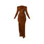 Sexy Long Sleeve High Split Maxi Dress Source Solid Color Pleated Tie Dress Women