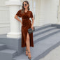 Women Spring Autumn Split Lace up Big Pit Gold Velvet Mid Length Formal Dress