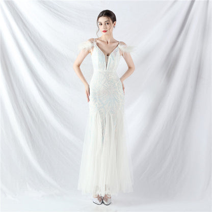 Color Craft Order Ostrich Feather Mesh Sequin Sexy Sling Dress Evening Dress