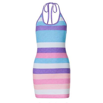 Women Clothing Summer Stripes Printed Sexy Halter Backless Dress