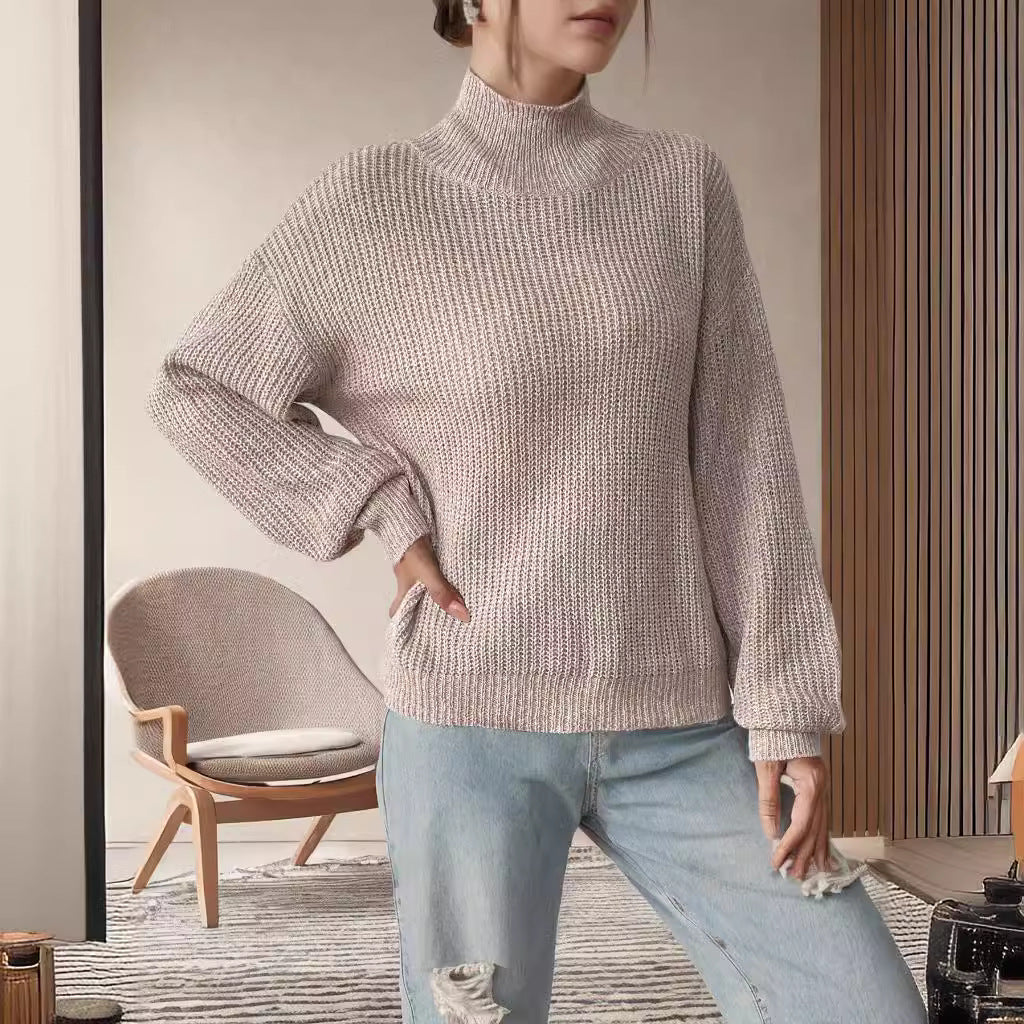 Autumn Winter Women Solid Color Simple Half Turtleneck Bottoming Shirt Knitted Sweater Pullover