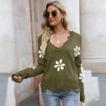 Autumn Winter Ripped Long Sleeves Loose Sweater Little Floral V-neck Pullover Sweater