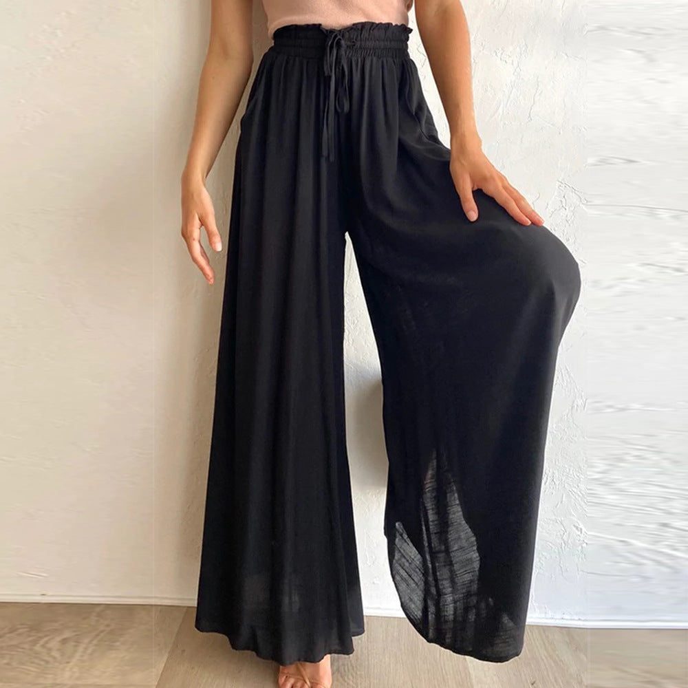 Summer Women Clothing Solid Color Elastic Waist Wide Leg Long Casual Pants Women Clothing