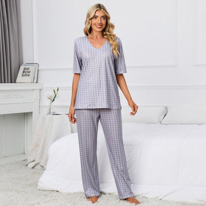 Short Sleeve Round Neck Printed Top Trousers Suit Pajamas Homewear