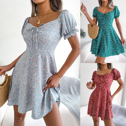 Spring Summer Casual Bell Sleeve Drawstring Lace Floral Print Large Swing Dress Independent Stand Women Clothing