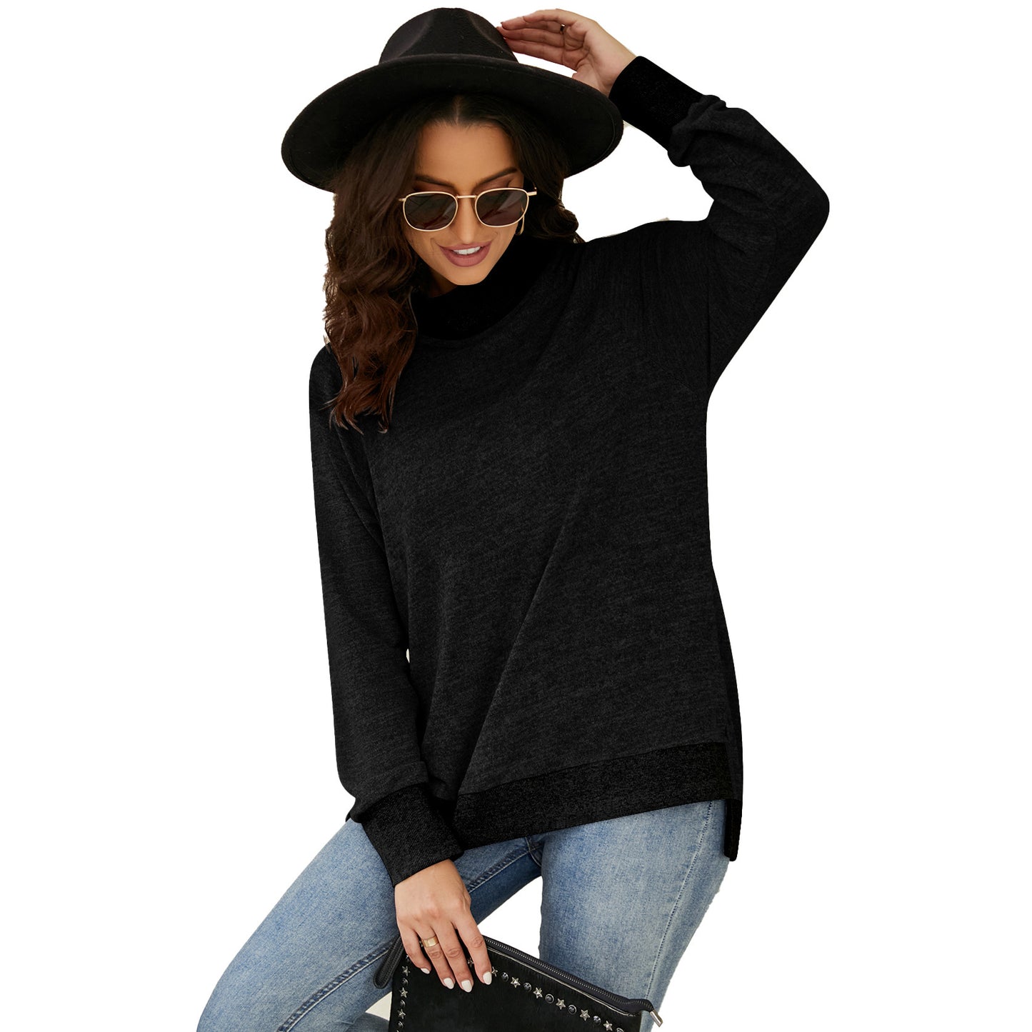 Autumn Winter Long Sleeve High Collar Loose Contrasting Color Cuff Scarf T shirt Top Women