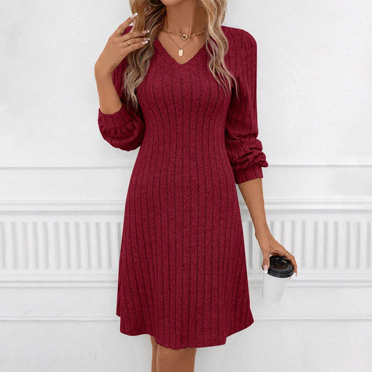 Autumn Winter Wine Red Dress High Waist Slim Midi Dress for Women