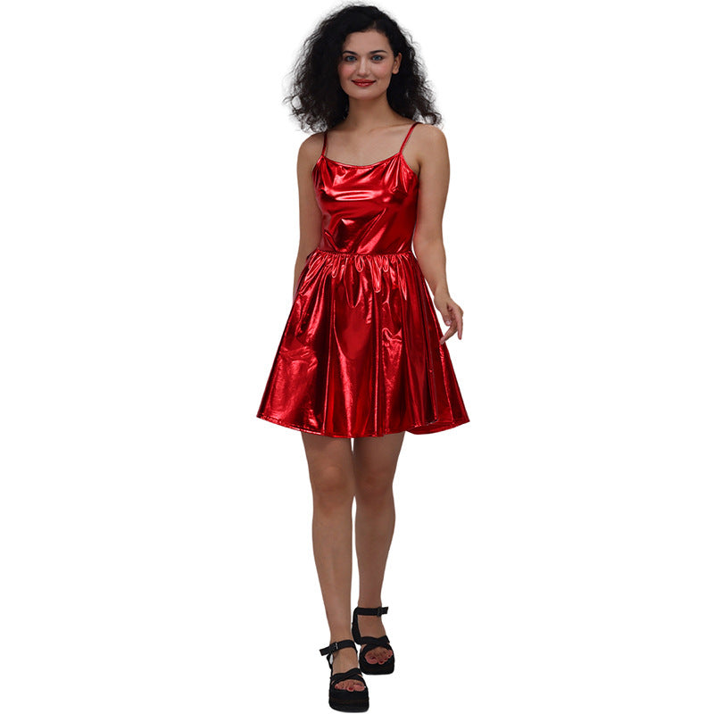 Sequin Sling Dress Bronzing Patent Leather Solid Color Sexy Pleated Dress Costumes Women