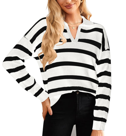 Autumn Winter Women Clothing Polo Collar Stripes Contrast Color Long Sleeves Casual Sweater