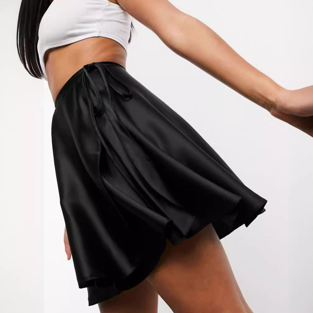 Women Clothing Satin Skirt High Waist Lace up One Piece A line Skirt Solid Color Acetate Wrap Skirt