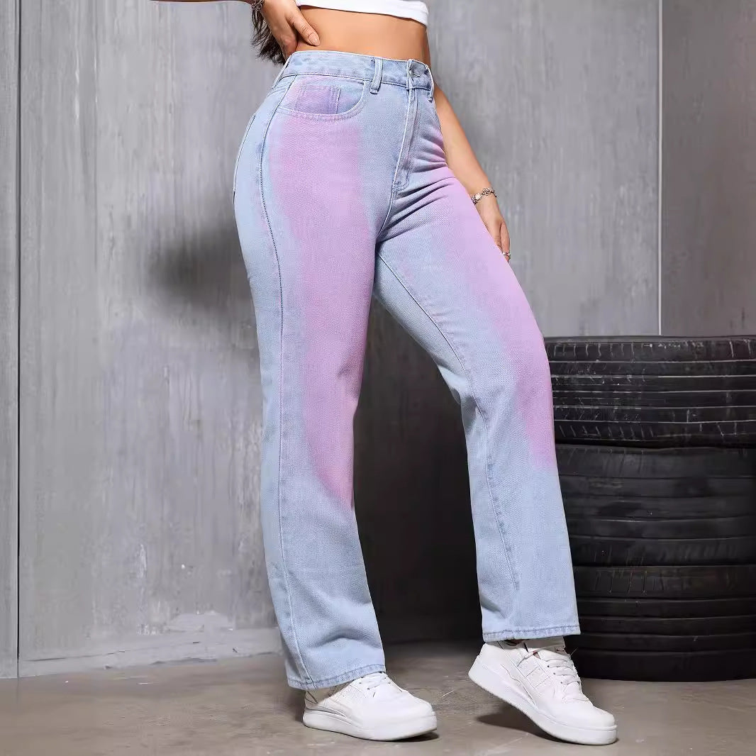 Women High Waist Dyed Straight Jeans Small Loose Slimming All Matching Casual Pants