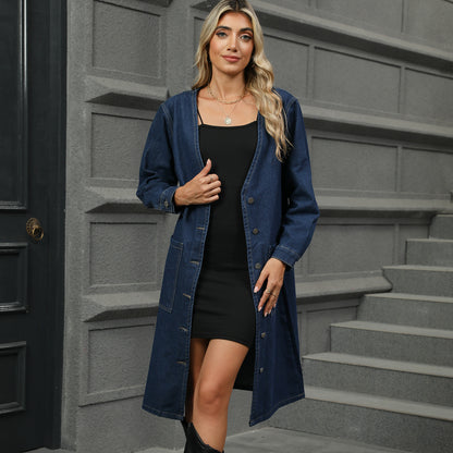 Women Clothing Washed Denim Large Coat Trench Coat Cardigan