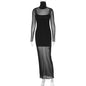 Women Clothing Summer Sexy Sheer Mesh Long Sleeve Spaghetti Strap Dress Two Piece Set