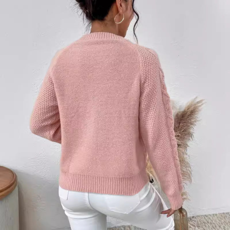 Autumn Winter Solid Color Knitted Top Women Clothing Twist Thread round Neck Long Sleeve Sweater for Women