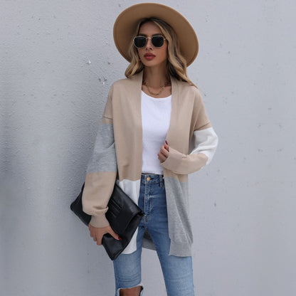 Women Clothing Autumn Winter Long Loose Color Stitching Knitted Cardigan Sweater Coat Women