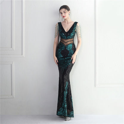 Positioning Floral Heavy Industry Beaded Long Fish Tail Evening Dress Suitable Attending Formal Occasions