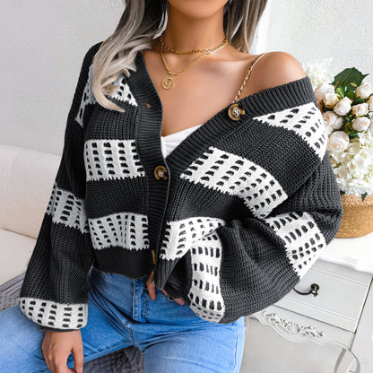 Autumn Winter Design Lantern Sleeve Cardigan Sweater Coat Women Clothing