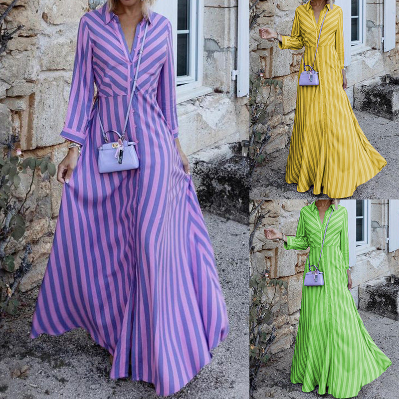 Autumn Arrival Women Clothing Long Sleeve Mid Length Striped Dress