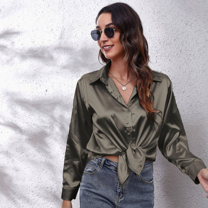 Popular Satin Shirt Women Artificial Silk Long Sleeve Shirt Autumn Women Clothing