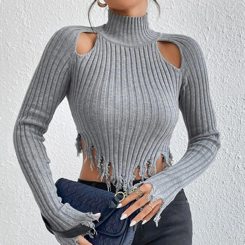 Knitted Sweaters Women Clothing Turtleneck Long Sleeve Distressed Sexy Cutout Short Cropped Exposed Design Sweater