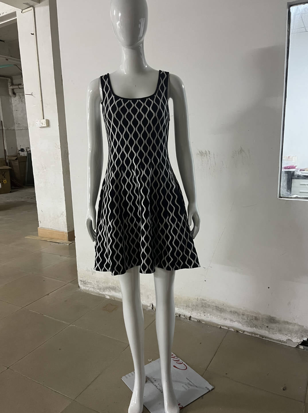 Spring Summer Contrast Color Water Ripple A Line Short Dress Inner Wear Fitted Waist Vest Base Knitting Dress Women