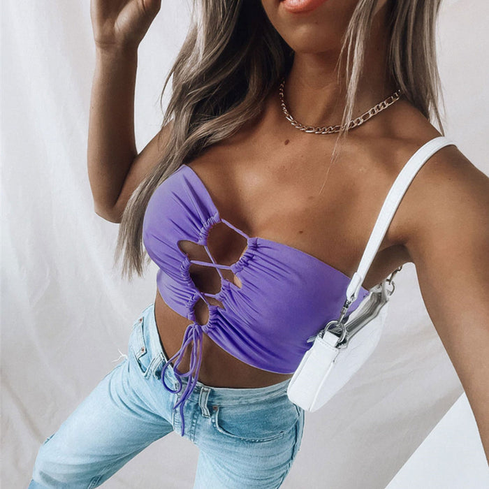 Summer Fashion Women Wear Chest-Wrapped Hollow-out Camisole Drawstring Two-Way Short Vest for Women