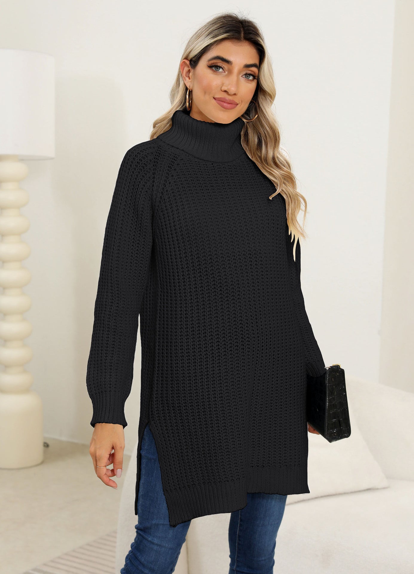 Women Base Shirt Women Clothing Autumn Winter Thickening Sweater Turtleneck Simple Split Dress