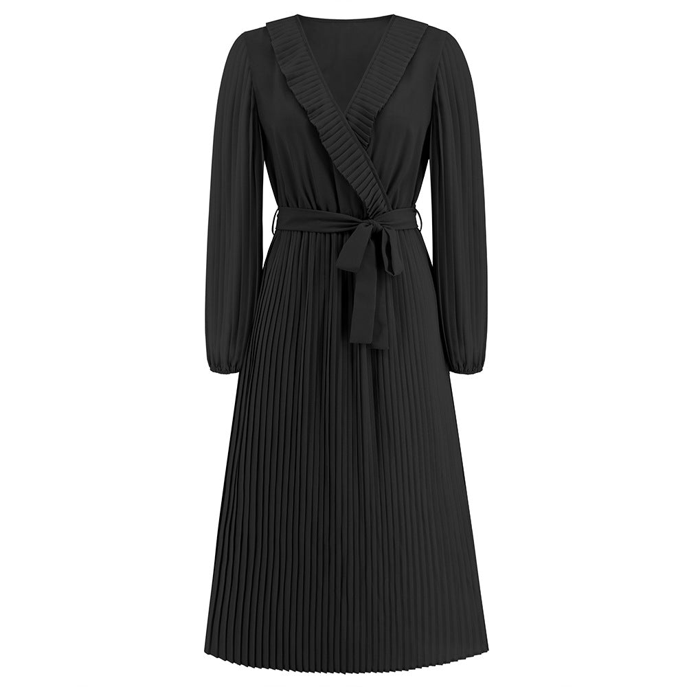 Autumn Winter Ruffled V Neck Long Sleeved Pleated Dress Slim Fit Elegant Dress Women