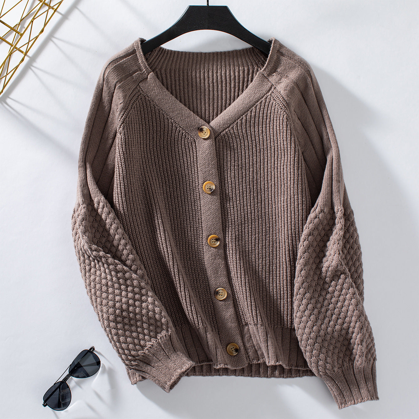 Autumn Winter Solid Color Buttons Knitted Cardigan Casual Loose Lantern Sleeve Sweater Women