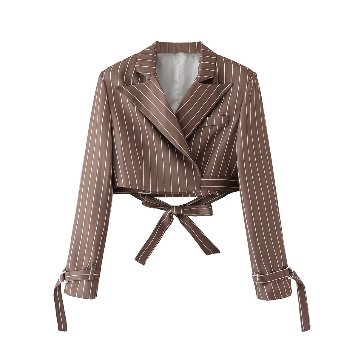 Sexy Short Striped Blazer Women Spring Autumn Retro Brown Lace-up Bare Cropped Slim Fit Small Top