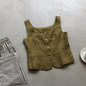 Retro Linen Vest for Women Autumn Special-Interest Square Collar Sleeveless Short Top