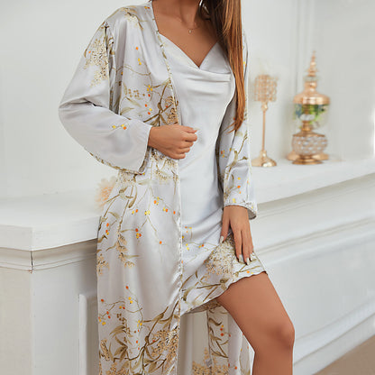 Simple Women Four Seasons Home Wear Lace Up Nightgown Nightdress Two Piece Thin Outer Wear Mid Length Pajamas Suit