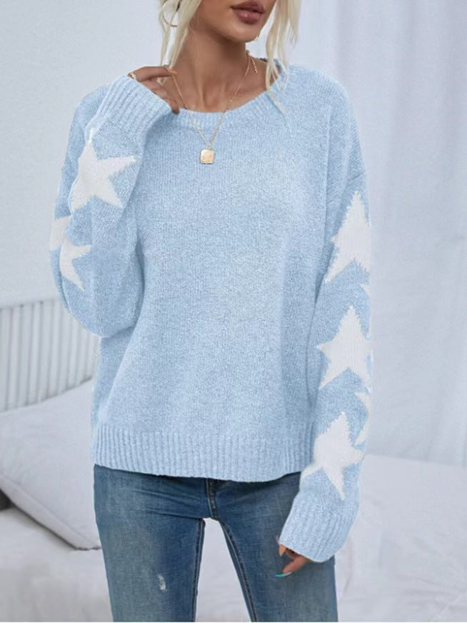 Autumn Winter Women Long Sleeved Knitted Jacquard Round Neck Pullover Casual All Match Sweater