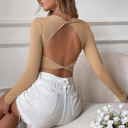 Women Clothing Sexy Backless Casual Short Slim Knitted Long-Sleeved T-shirt Top Outer Wear Underwear