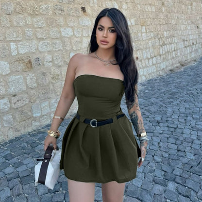 Summer Bandeau One Shoulder Sexy Waist Trimming Solid Color Dress Women Clothing No Belt