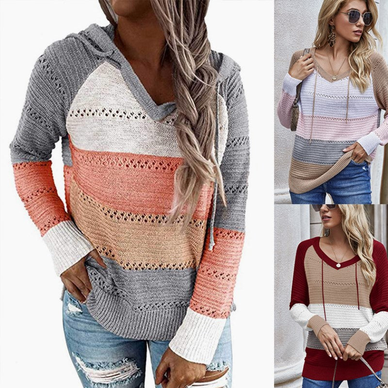 Plus Size Autumn Winter Women Clothing Long Sleeve Loose Hollow Out Cutout Contrast Color Knitted Sweater Hooded Sweater