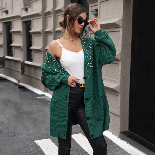 Women Clothing Dark Green Knitwear Autumn Winter Mid Length Beaded Sweater Cardigan Coat