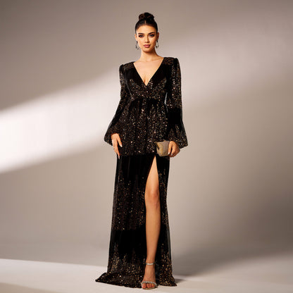 High End Long Sleeved Elegant V Neck Sexy Long Sequined Cocktail Evening Dress Bridesmaid Dress Dress Women