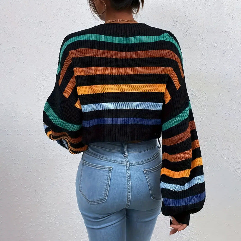 Autumn Winter Women Sweater Pullover round Neck Classic Striped Sweater Loose Casual Top Women