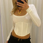 Autumn Solid Color Round Neck Pullover Long Sleeve Slim Boning Corset Short Cropped Women Top