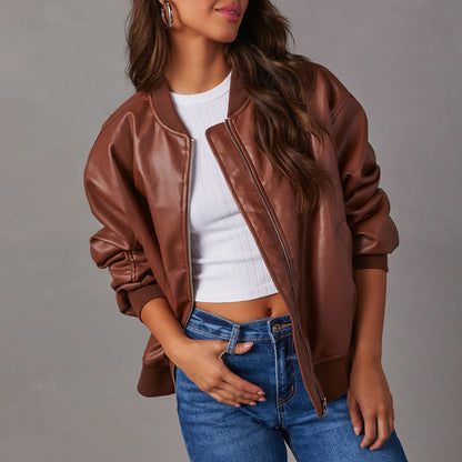 Autumn Winter Faux Leather Varsity Jacket Jacket Long Sleeved Motorcycle Jacket Leather Coat Coat Women