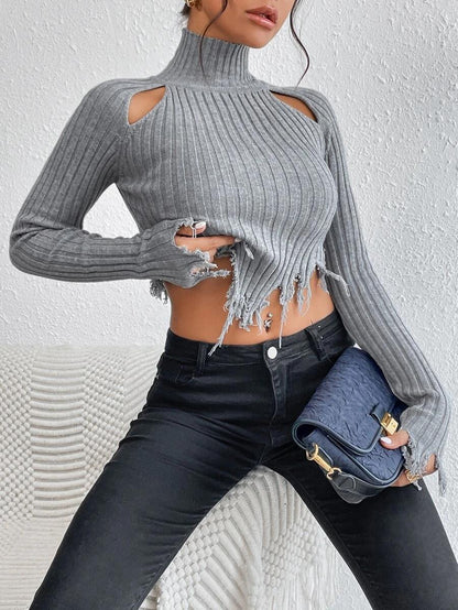 Knitted Sweaters Women Clothing Turtleneck Long Sleeve Distressed Sexy Cutout Short Cropped Exposed Design Sweater