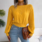 Autumn Winter Casual Twist Lantern Sleeve Waist Trimming Knitted Sweater Women Clothing