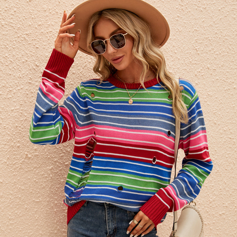 Autumn Winter Color Sweater Long Sleeve round Neck Striped Sweater Loose Casual Contrast Color Ripped Sweater