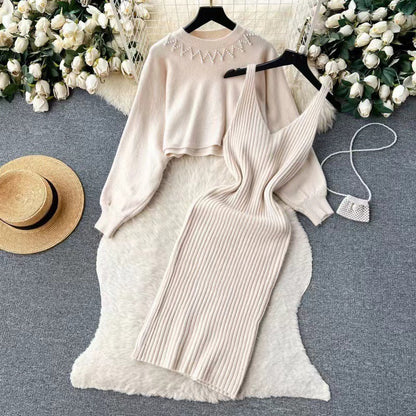 Crew Neck Beaded High Waist Short Exposed Cropped Two Piece Sweater Sexy Knitted Vest Dress Sets Women