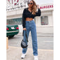 Women Clothing High Waist Black Denim Straight Leg Trousers Autumn Winter