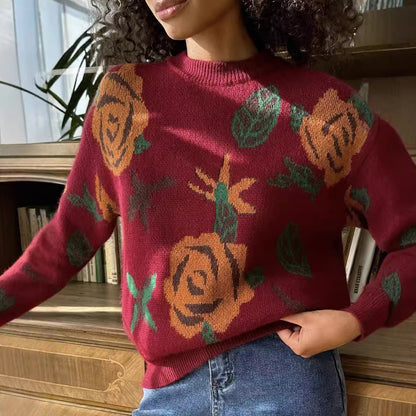 Autumn Winter round Neck Sweater Floral Woven Loose Soft Knitted Top Women Clothing